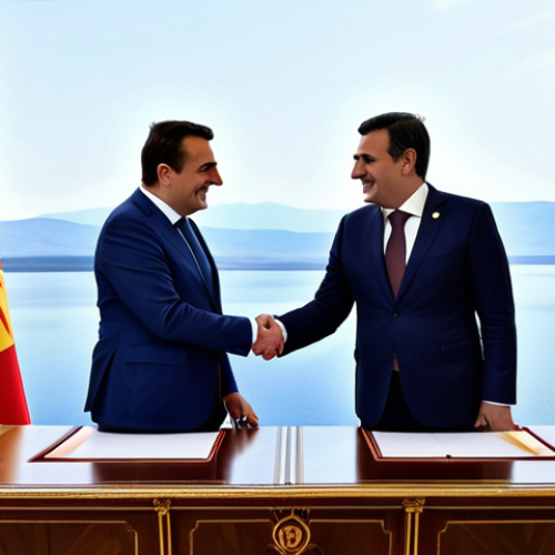 Home 6 **
"A historic moment: the signing of the Prespa Agreement between North Macedonia and Greece. Leaders shake hands, flags of both nations displayed prominently. Background shows the scenic Prespa Lake region. Fully clothed diplomats, professional setting, appropriate content, safe for work, high resolution, political stability, perfect anatomy, natural proportions, family-friendly."
**