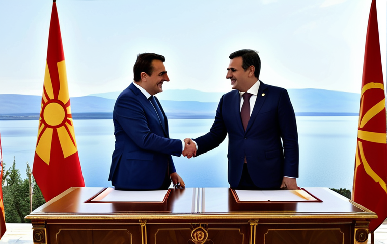 **

"A historic moment: the signing of the Prespa Agreement between North Macedonia and Greece.  Leaders shake hands, flags of both nations displayed prominently.  Background shows the scenic Prespa Lake region.  Fully clothed diplomats, professional setting, appropriate content, safe for work, high resolution, political stability, perfect anatomy, natural proportions, family-friendly."

**